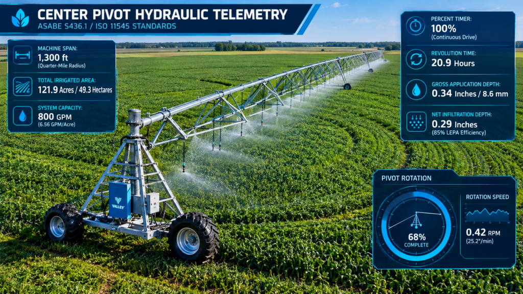 Center pivot irrigation machine with galvanized steel trusses, low-pressure sprinklers, irrigated crop field, and hydraulic telemetry dashboard showing system capacity, application depth, and rotation speed.