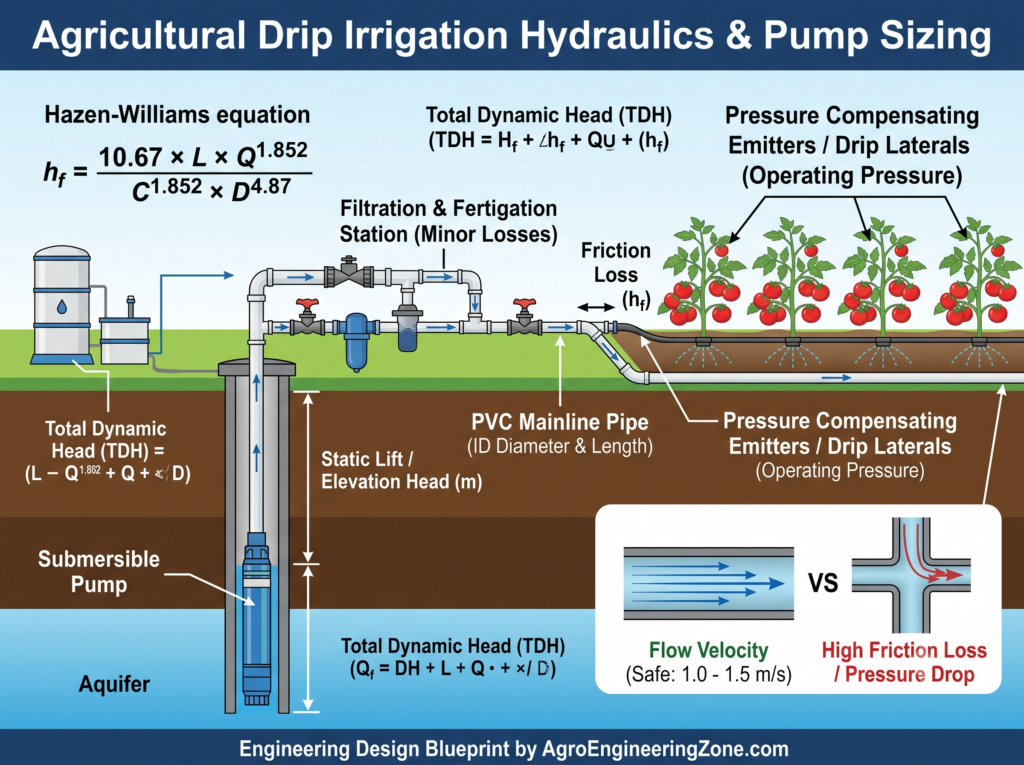 Hydraulic engineering diagram illustrating pipe diameter impact on friction head loss and delivery pressure for drip irrigation systems