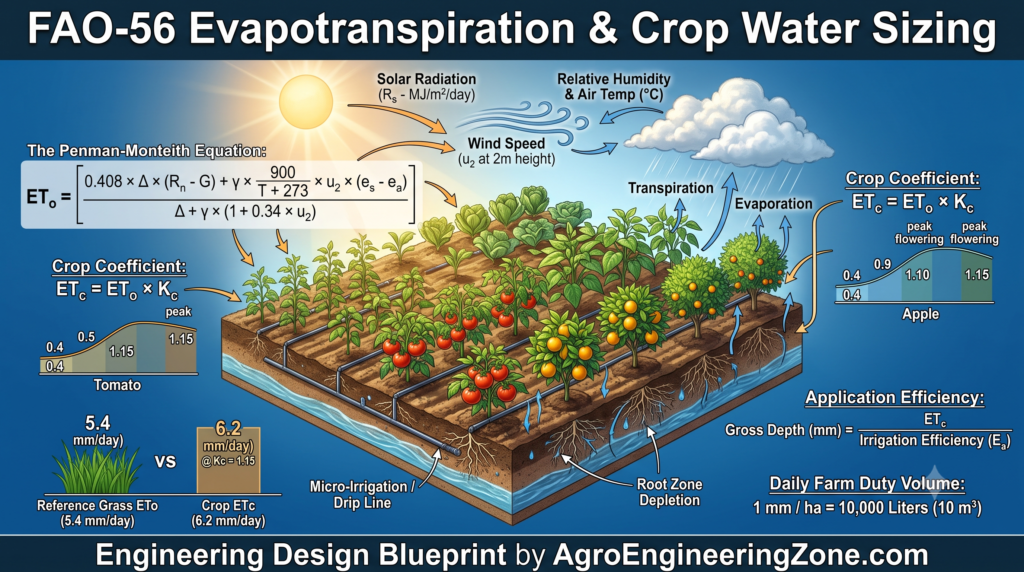 FAO-56 Penman-Monteith reference evapotranspiration schematic illustrating solar radiation wind speed vapor pressure deficit and crop coefficient Kc irrigation water scheduling