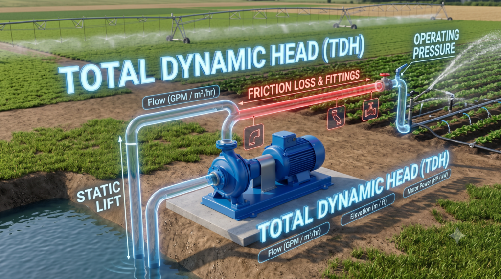 Interactive 3D Total Dynamic Head (TDH) sizing and farm pump power requirements infographic