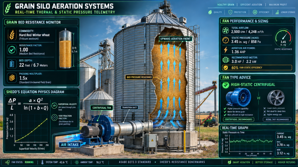 Grain silo aeration system showing centrifugal fan, upward airflow through stored wheat, static pressure monitoring, and fan performance telemetry.