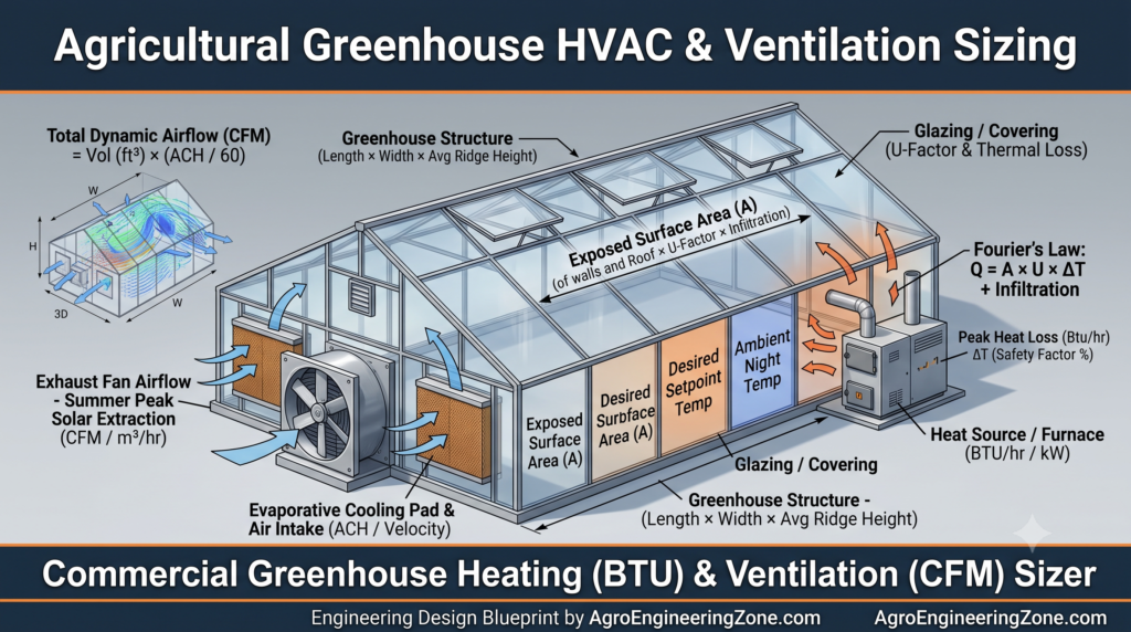 Commercial agricultural greenhouse HVAC engineering schematic illustrating conduction heat loss BTU calculation U-factors and exhaust fan CFM airflow ventilation sizing
