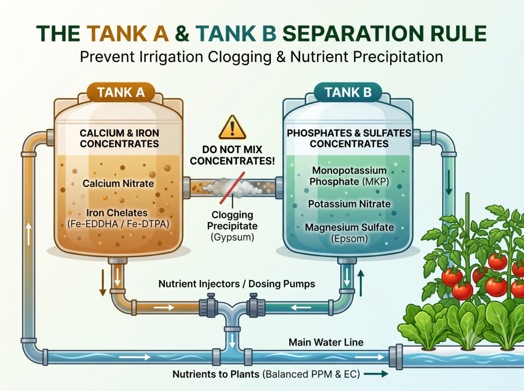 Hydroponic Tank A and Tank B separation diagram illustrating prevention of calcium sulfate precipitation and dripper clogging in commercial fertigation