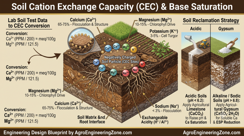 Soil Cation Exchange Capacity CEC diagram showing base saturation percentages calcium magnesium potassium balancing and lime gypsum amendment calculations