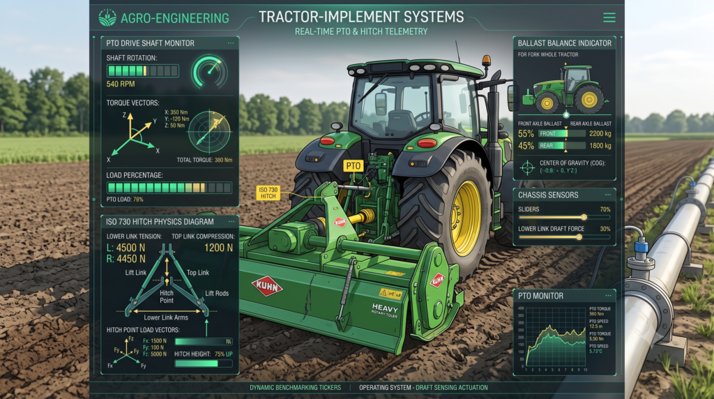 Tractor PTO drive shaft torque calculation and 3-point hitch implement ballast balance diagram ASABE ISO 730
